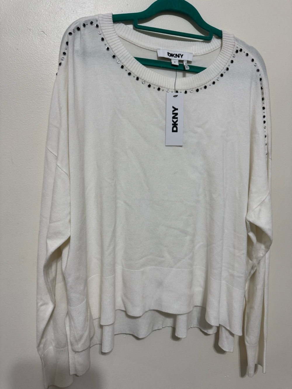 DKNY White Long-Sleeve Stud-Trim Sweater